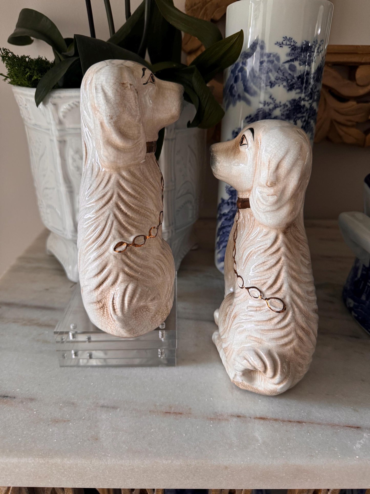 Staffordshire Dogs Pair Hand Painted Vintage Chinoserie Decorative Dogs RARE
