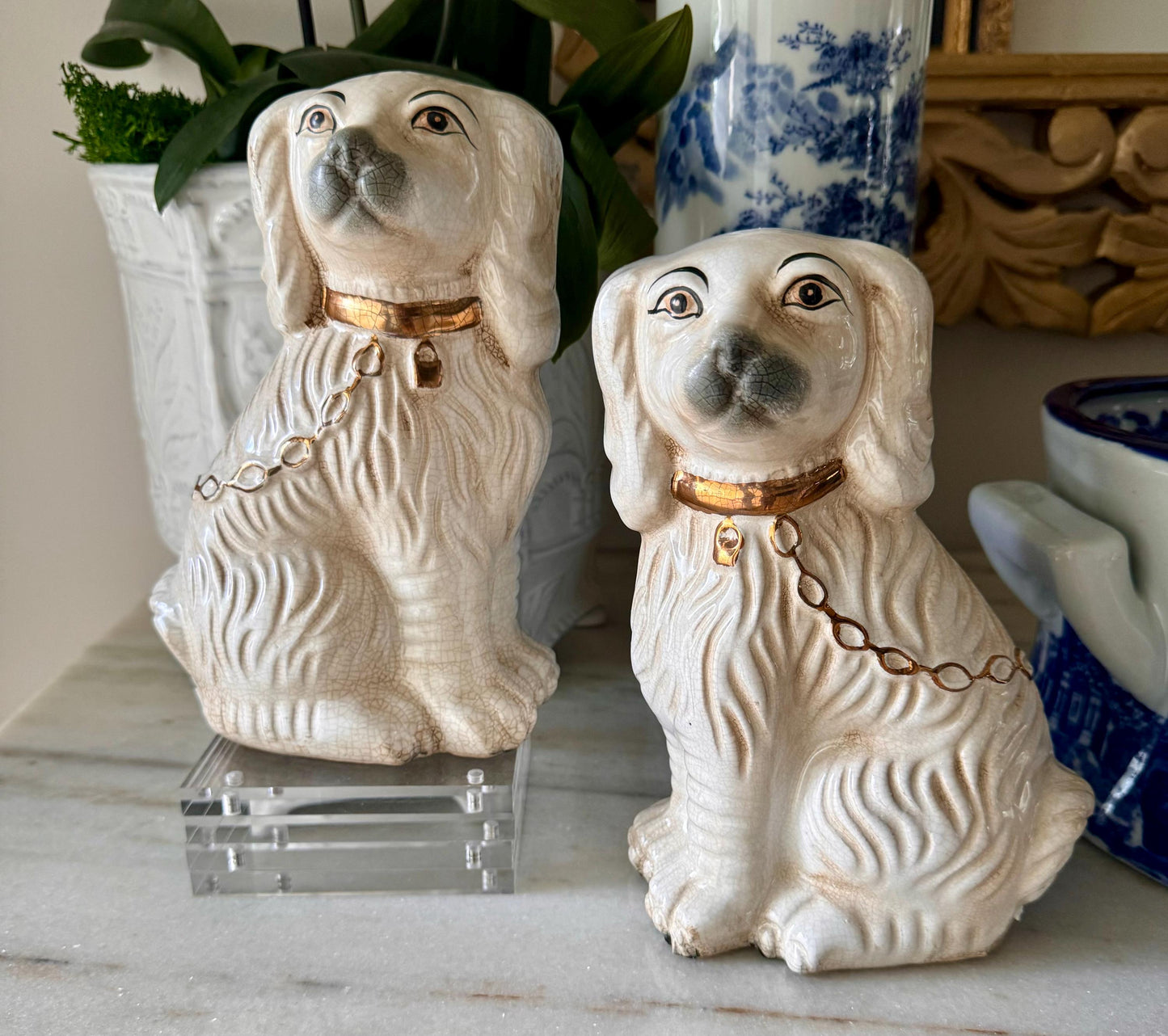 Staffordshire Dogs Pair Hand Painted White and Gold Chinoserie Decorative Dogs RARE