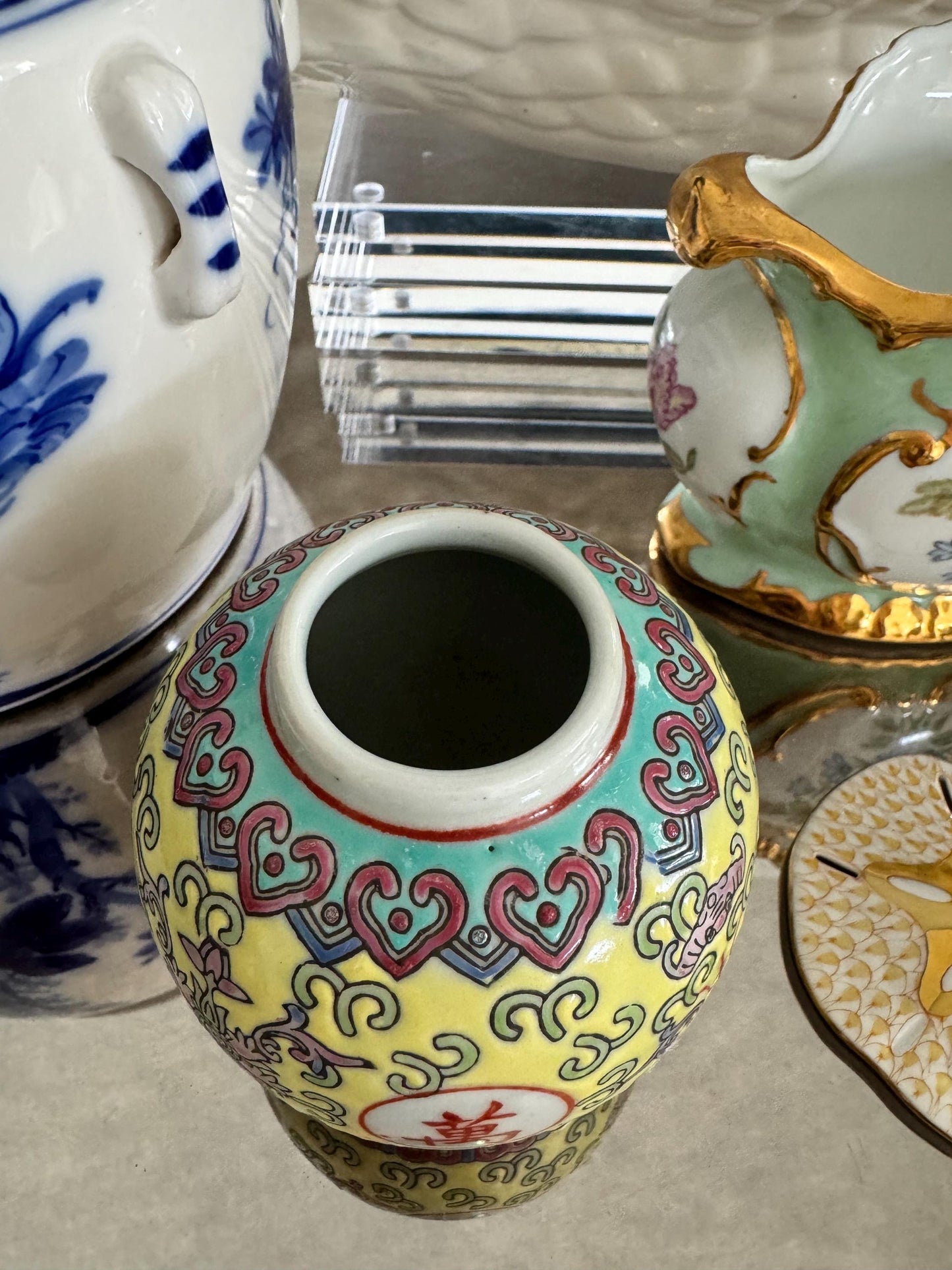 Yellow Temple Jar Asian Lidded Jar Petite Aqua Yellow jar Chinoserie Jar. Chinese Famille Yellow Dynasty Ginger Jar Jingdezhen Mun Shou