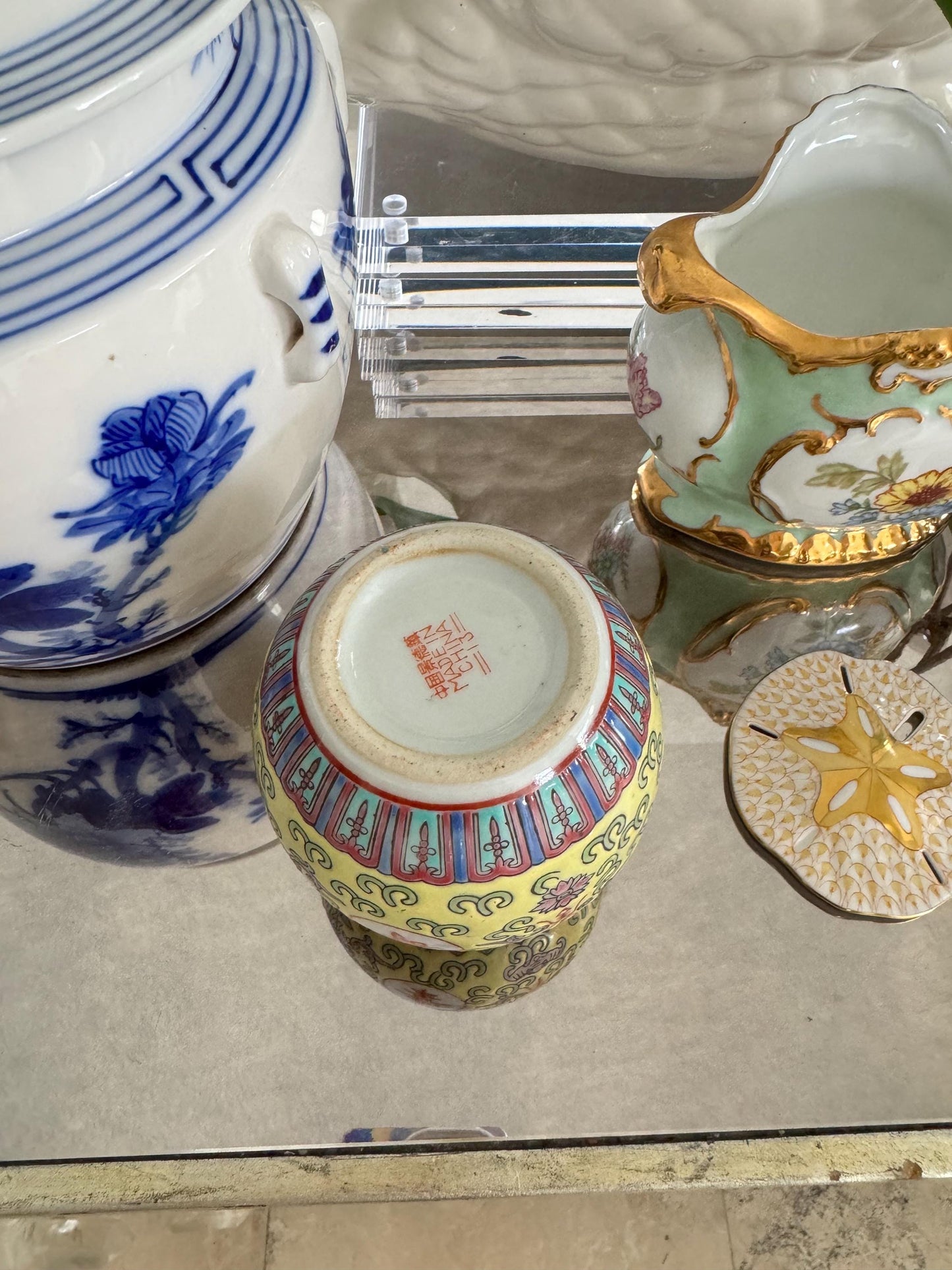 Yellow Temple Jar Asian Lidded Jar Petite Aqua Yellow jar Chinoserie Jar. Chinese Famille Yellow Dynasty Ginger Jar Jingdezhen Mun Shou