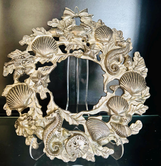 Sealife wall hanging or trivet Silver shell wreath vintage