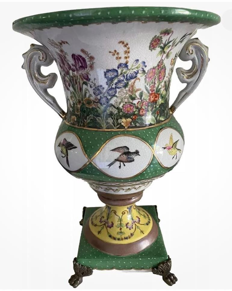 JUWC Vase Urn Green Floral Bird Base Ormolu Feet Wong Lee Urn Vase Vintage JUWC 1895