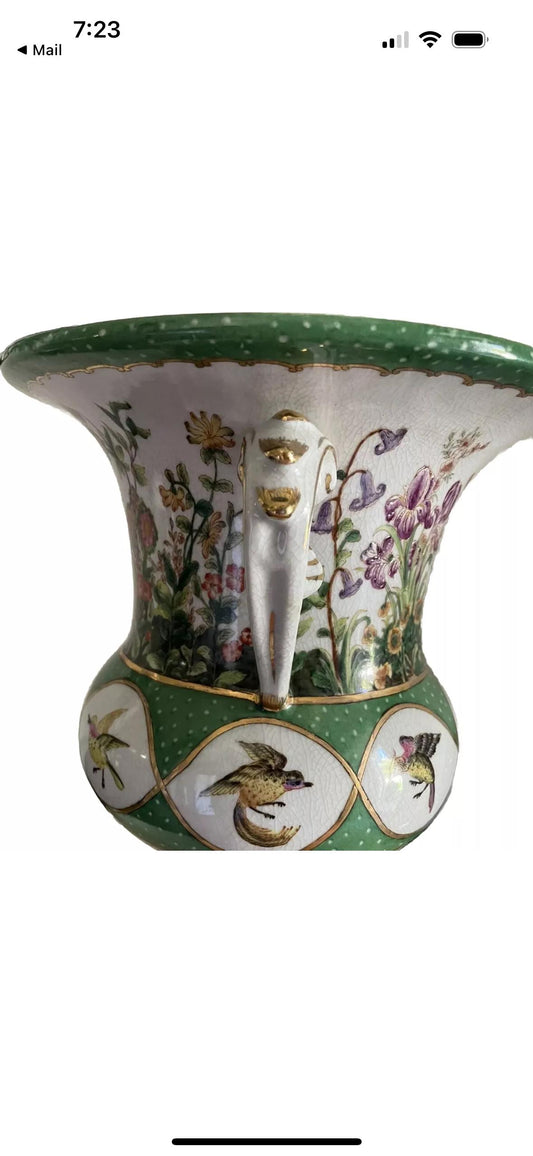 Wong Lee Vase Ormalu Feet Flowers and Birds Emerald Green Porcelain Vase Urn Chinese Import
