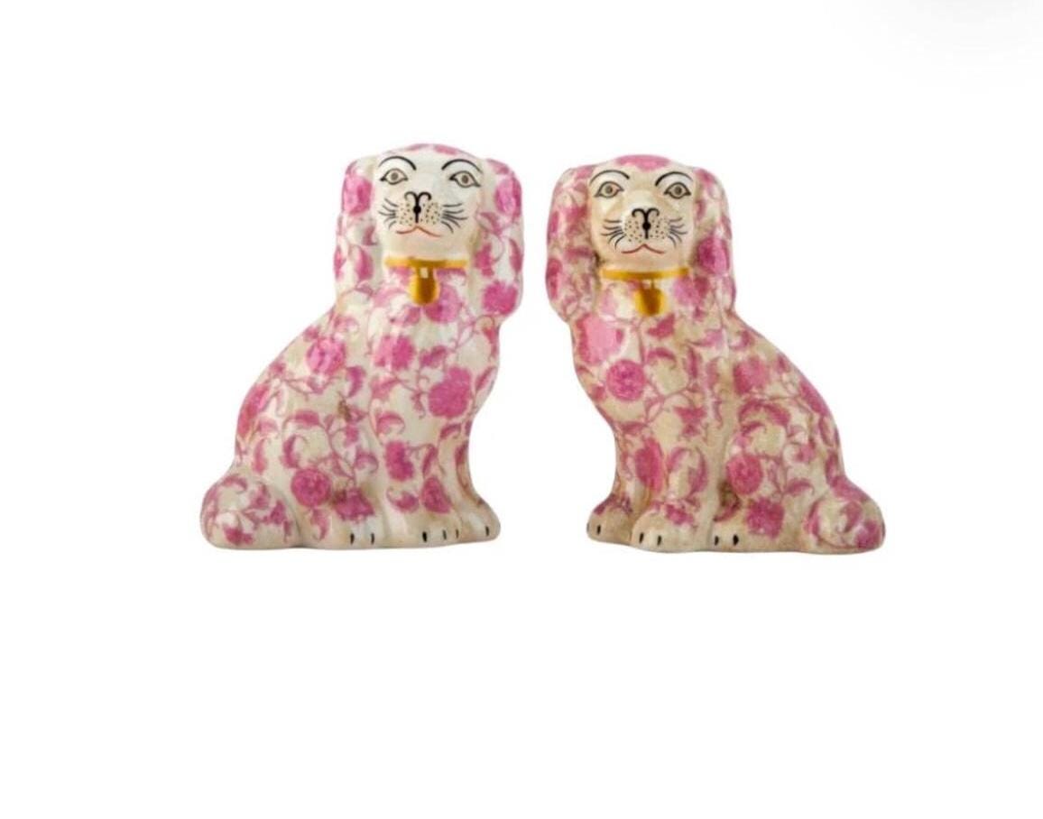 Pink Staffordshire Dogs Pair pink paisley Staffy Dogs Hand Painted Chinoserie Vintage Style Staffordshire Dogs