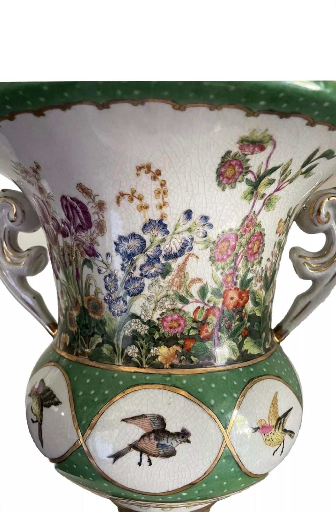 JUWC Vase Urn Green Floral Bird Base Ormolu Feet Wong Lee Urn Vase Vintage JUWC 1895