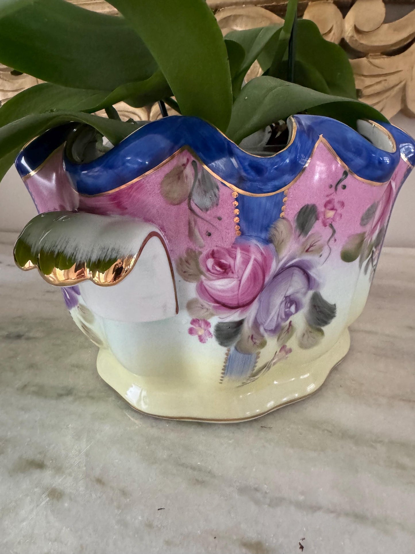 Vintage Planter Chinese Import JUWC 1895 Wong Lee style Pink Purole Gold Floral Jardinare Cache Pot Planter Orchid Pot