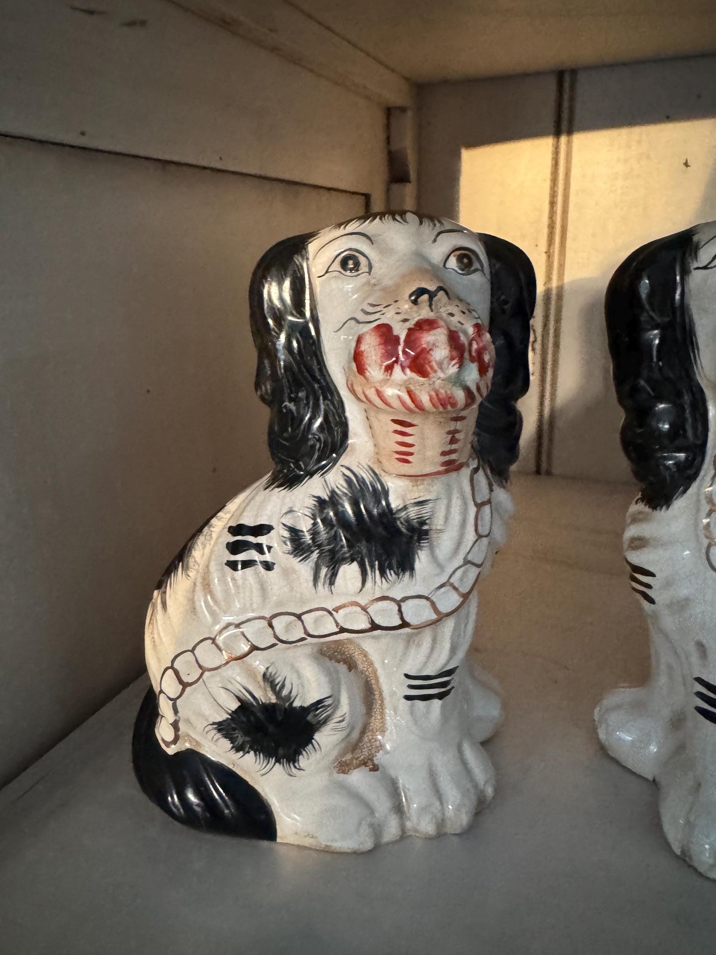 Staffordshire Dogs Pair Hand Painted White and Black with Gold Chinoserie Decorative Dogs RARE