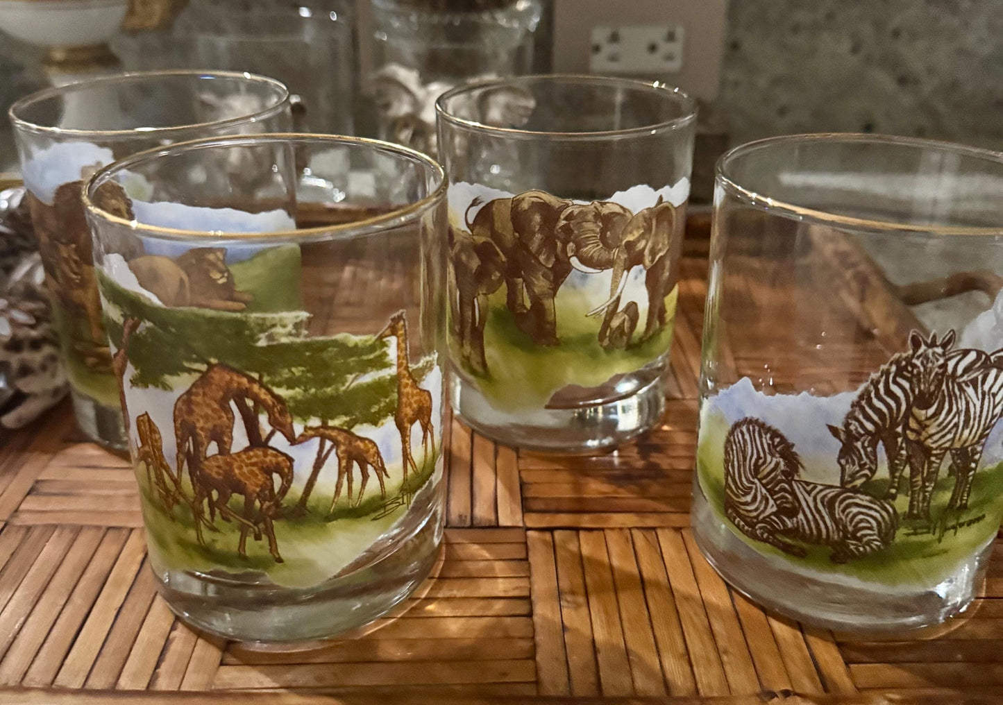 Animal Bar Glasses by Pisori Gold edges Vintage DOF Double Old Fashioned Glasses Jungle Animals MCM Hollywood Regency set of 4