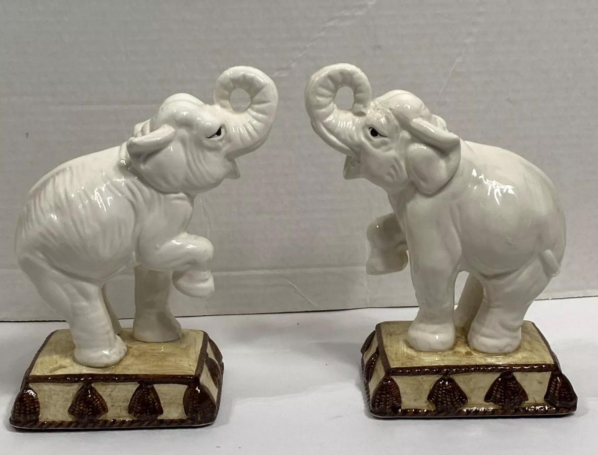 Elephant Bookends Fitz And Floyd White Elephant Book end Elephant Figures MCM Hollywood Regency Trunk up elephants