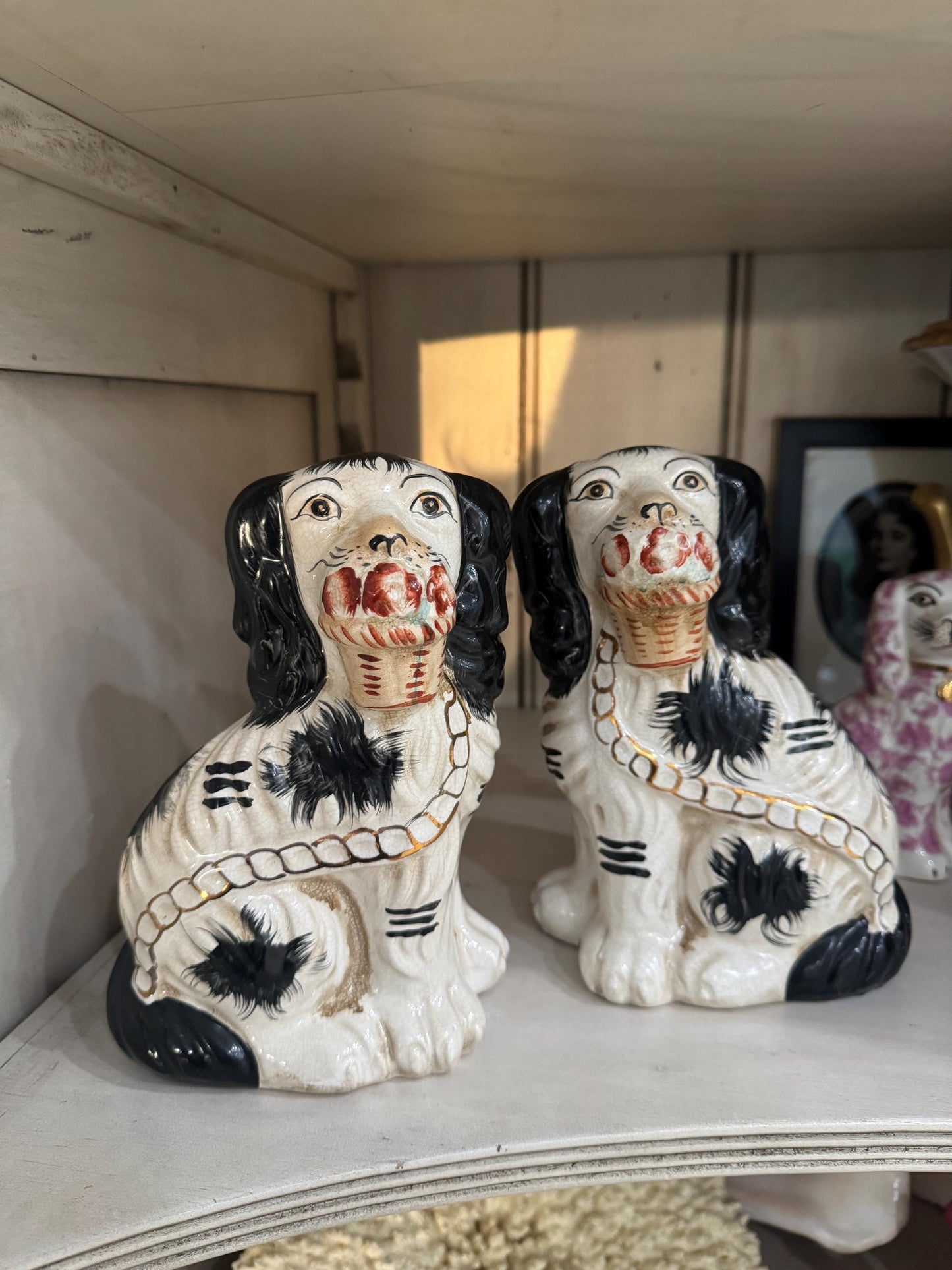 Staffordshire Dogs Pair Hand Painted White and Black with Gold Chinoserie Decorative Dogs RARE