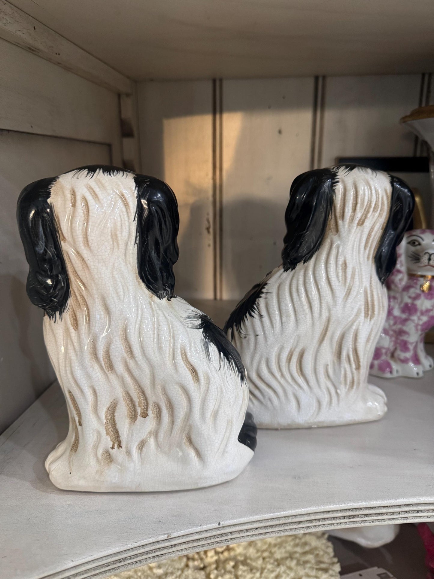 Staffordshire Dogs Pair Hand Painted White and Black with Gold Chinoserie Decorative Dogs RARE