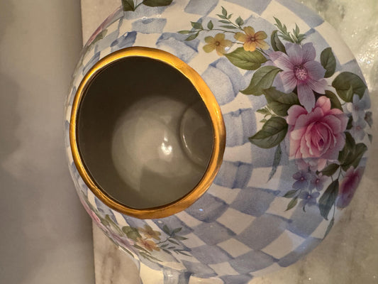 Mackenzie Childs Teapot Blossom retired pattern Blue Check Teapot