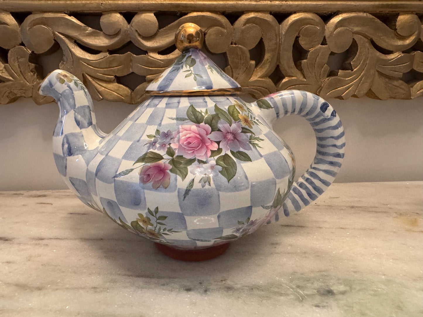 Mackenzie Childs Teapot Blossom retired pattern Blue Check Teapot