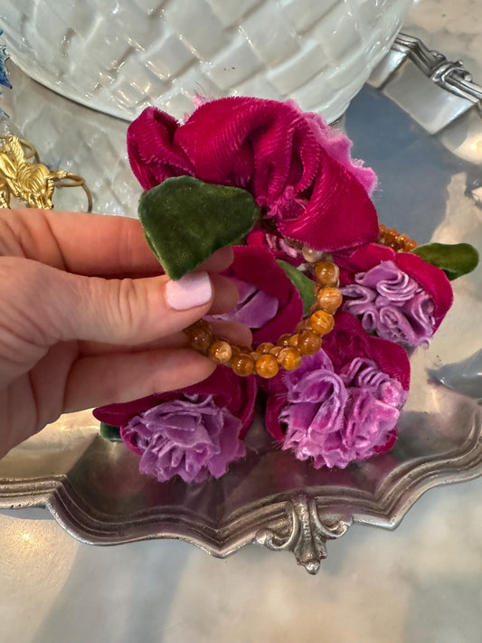 pink flower velvet napkin rings vintage floral set of 7