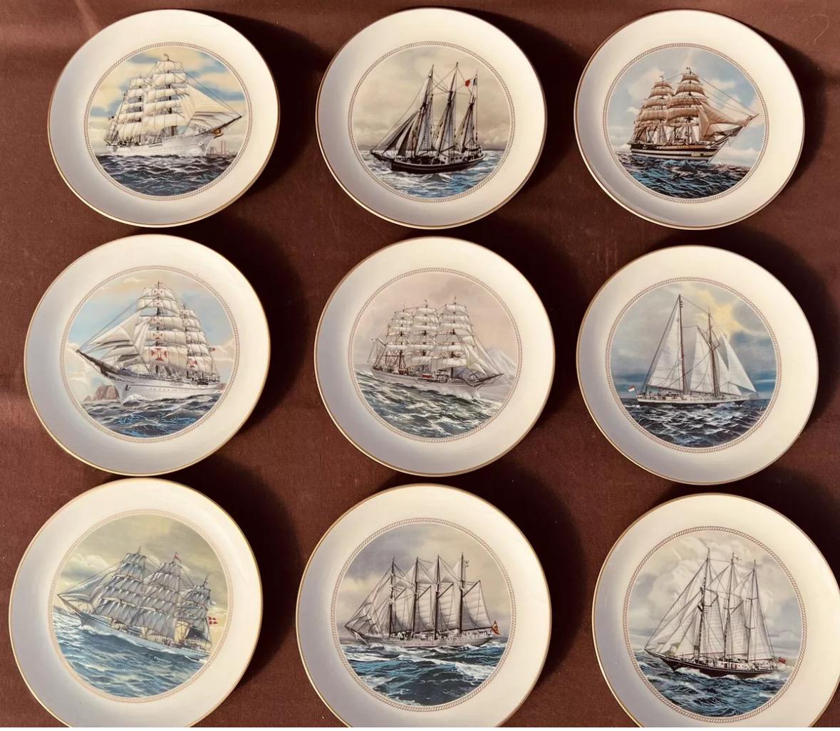 Danbury Ship Plates British Sailing Ships Nautical Plate Wall Coastal Chic Boys Room Decor 9 plates Danbury mint gold edged ship plates
