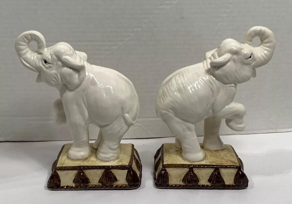 Elephant Bookends Fitz And Floyd White Elephant Book end Elephant Figures MCM Hollywood Regency Trunk up elephants