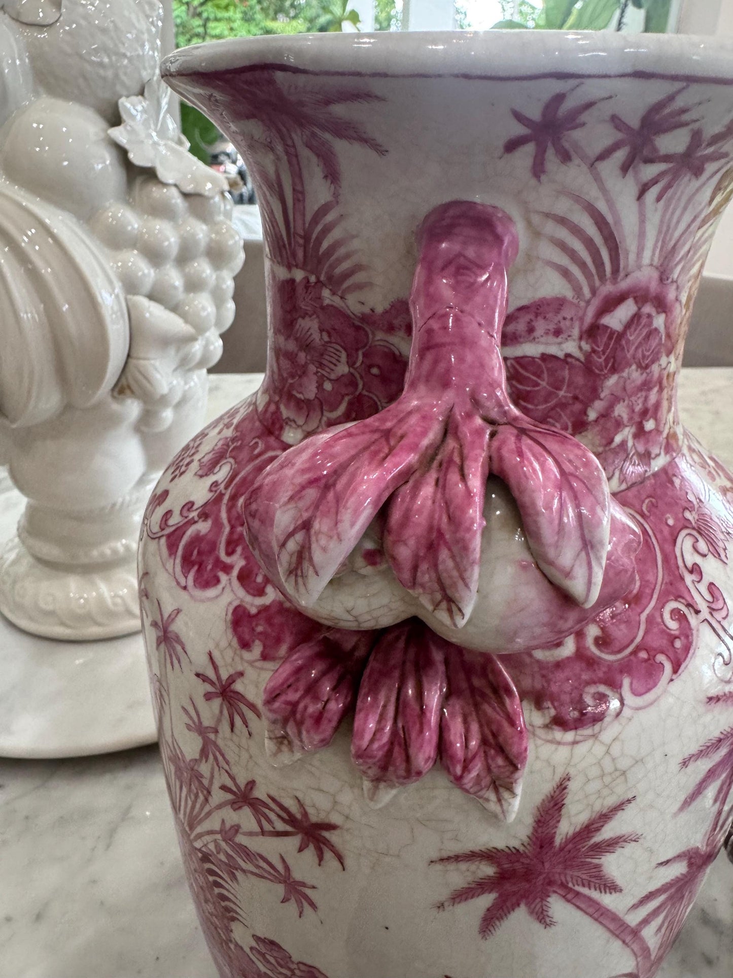 Pink Porcelain Asian Vase with peach handles Gorgeous Chinoserie