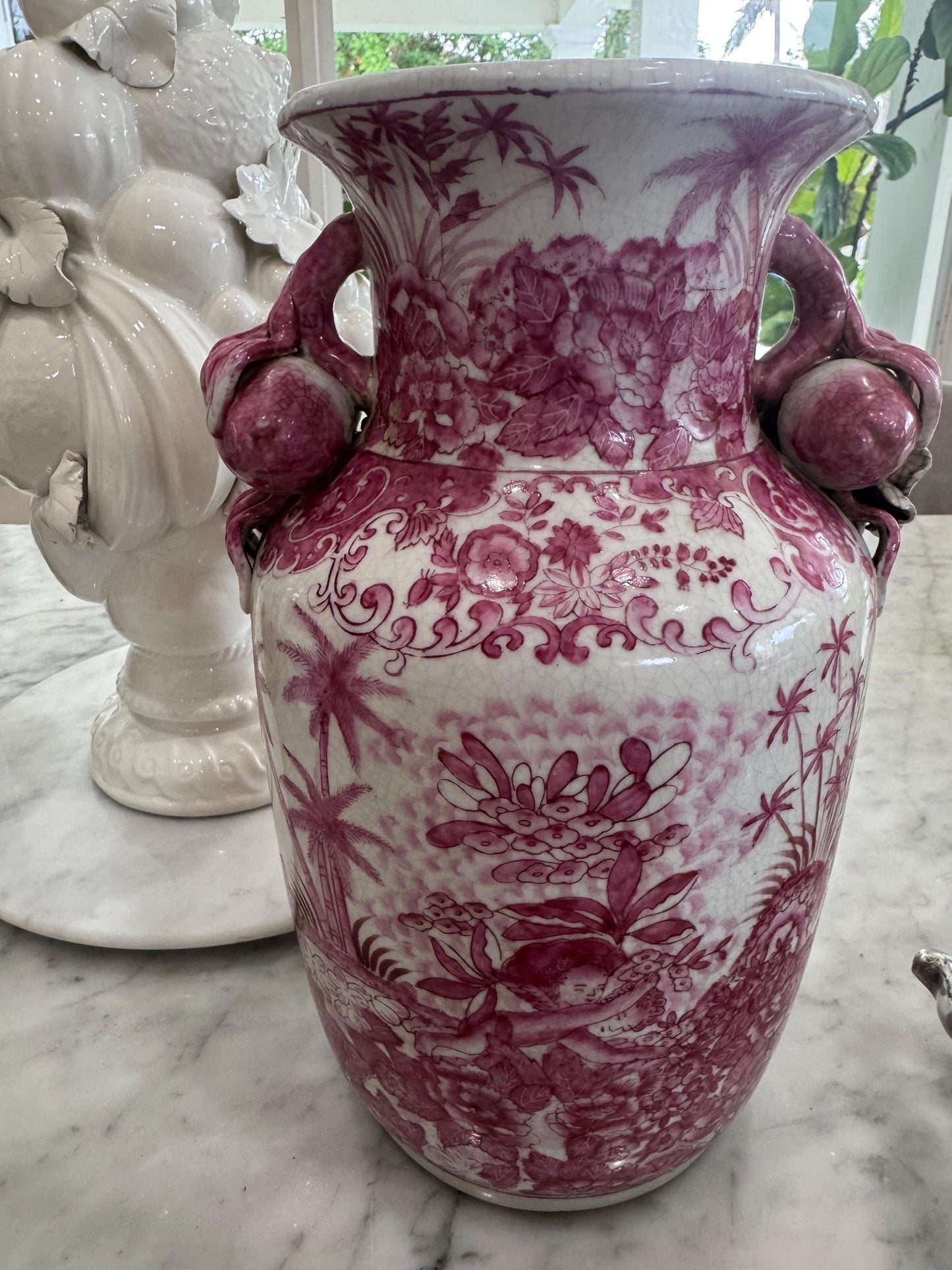 Pink Porcelain Asian Vase with peach handles Gorgeous Chinoserie