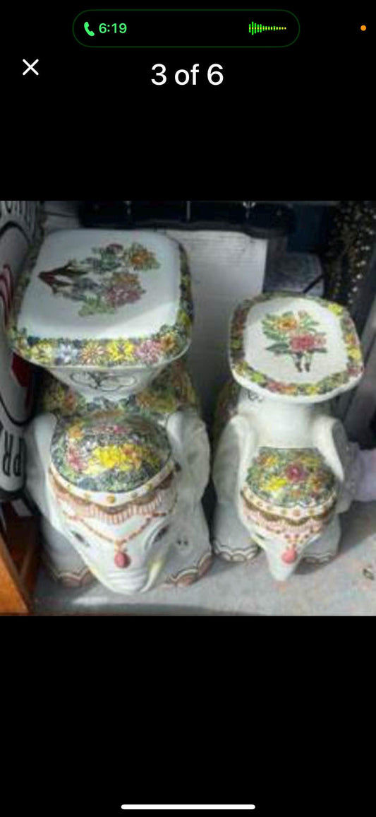 Elephant Garden Stool Vintage MCM Hollywood Regency Style Yellow and white Elephant plant stand