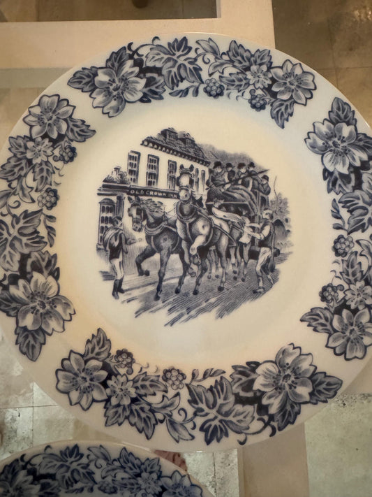 Coaching Taverns Dinner Plates, salad plate and bowls and serving piece Staffordshire England China porcelain blue carriage horse dish set