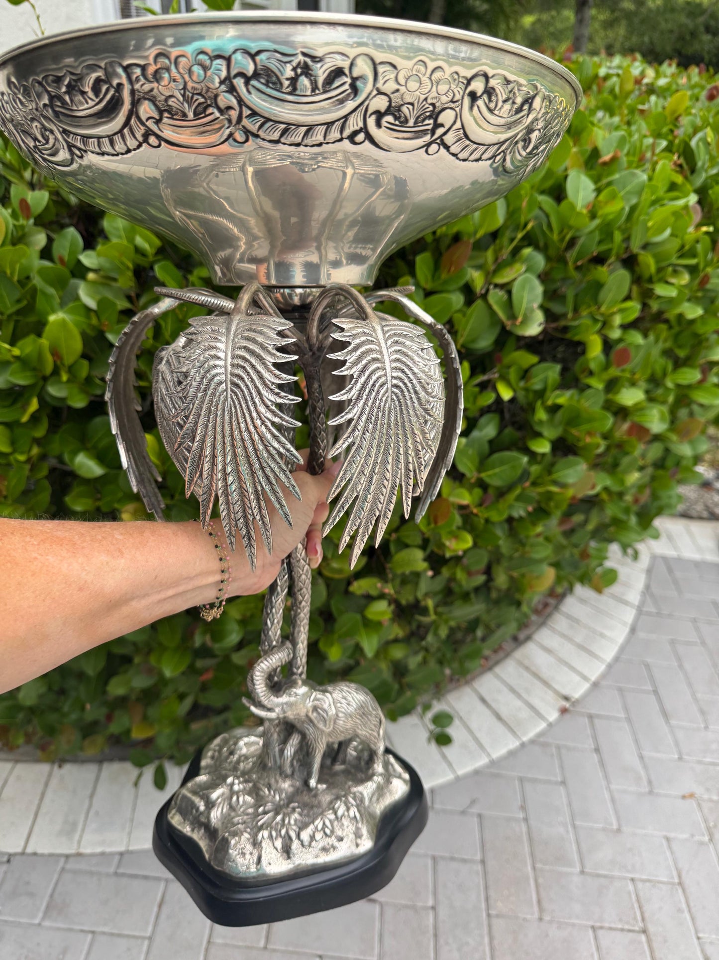 Silver Elephant Compote Bowl vintage lacquered silver from India collectible Animal bowl