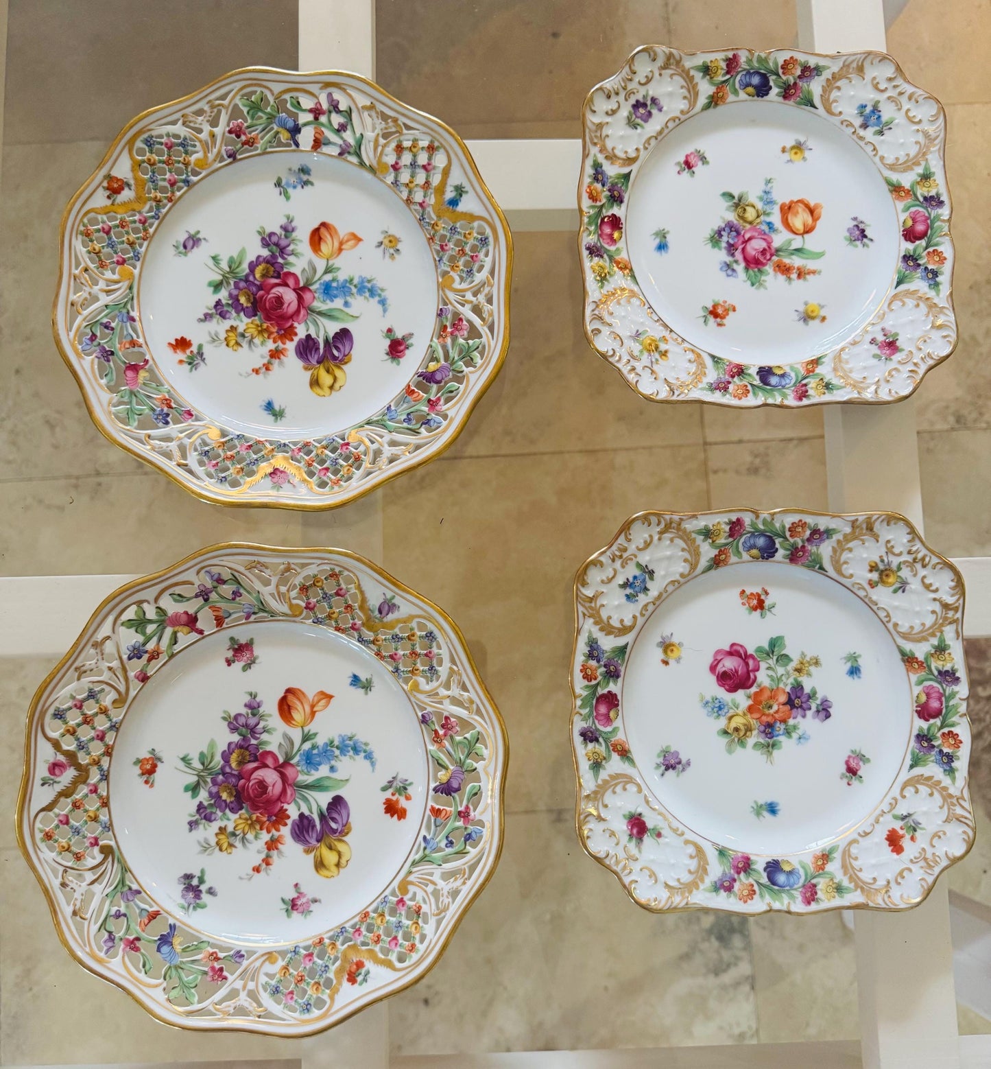Royal Dresden Flowers Plates Bavaria Schumann Royal Dresdener Plates luncheon Square Plates and Salad Reticulated Plates RARE