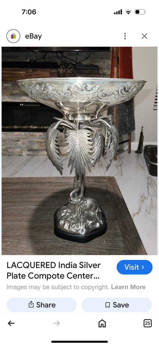 Silver Elephant Compote Bowl vintage lacquered silver from India collectible Animal bowl