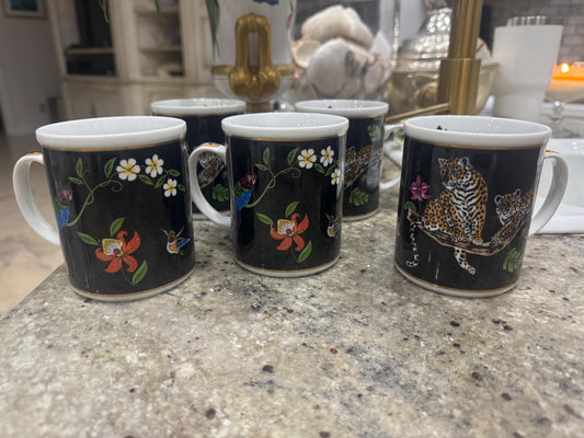 Lynn Chase Jaguar Jungle Cups Mugs Leopard Coffee Cups Gold trim set of 5