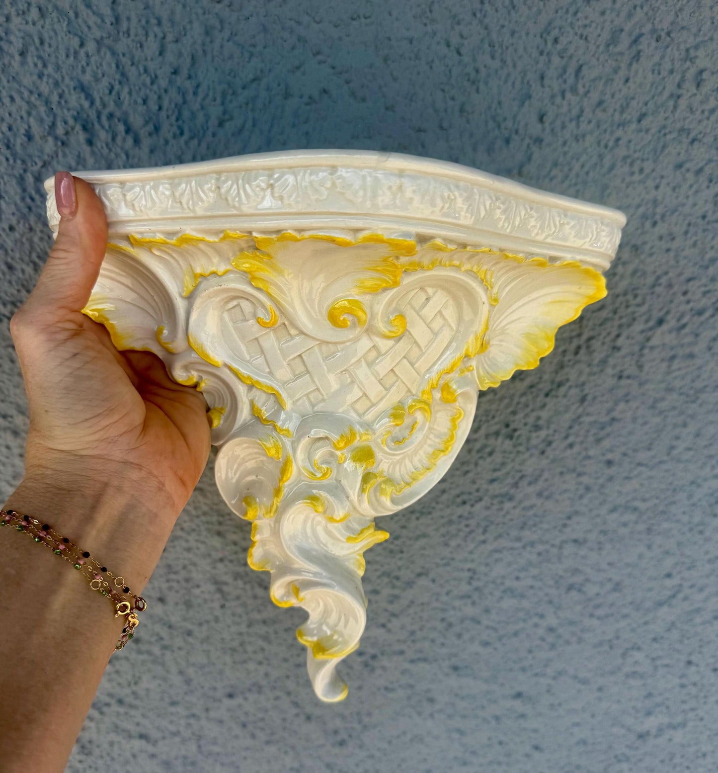 Wall Sconce Porcelain Italian signed made in Italy white and yellow sconce shelf vintage