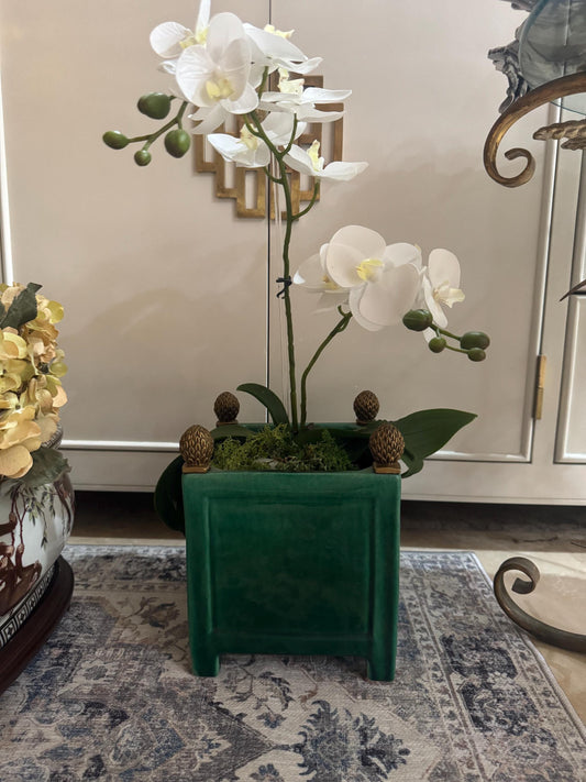 Planter vintage chinoserie Gold pinecone finials green cache pot Hollywood regency