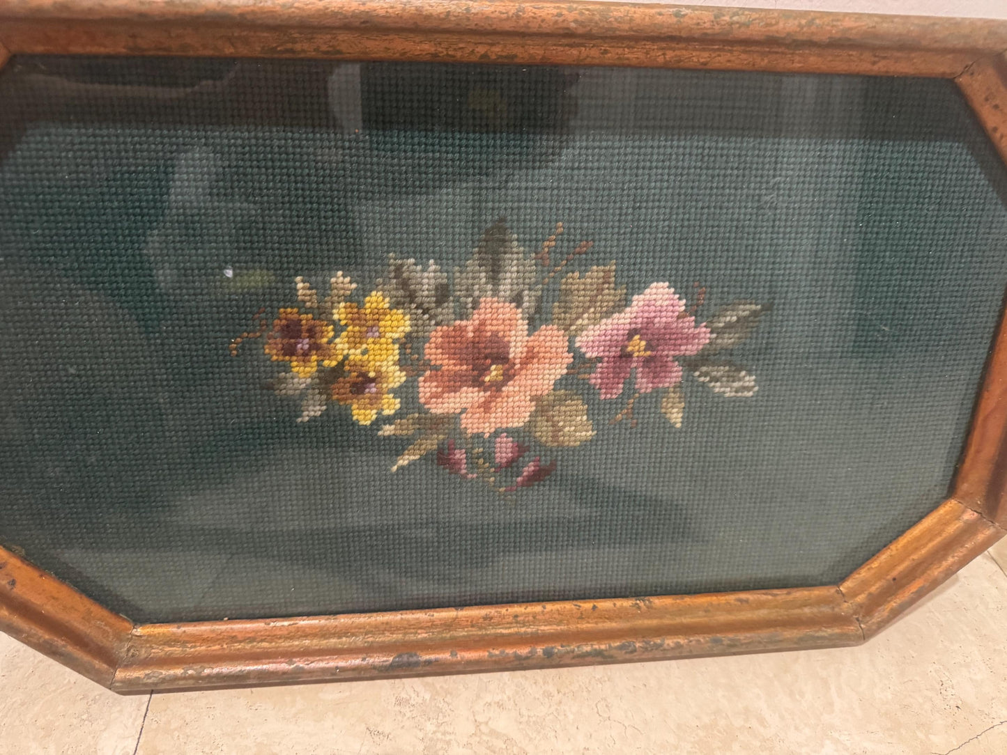 Needlepoint Tray vintage Green and gold handles with glass top Rare Needlepoint Piece Cottage ore Grandmacore