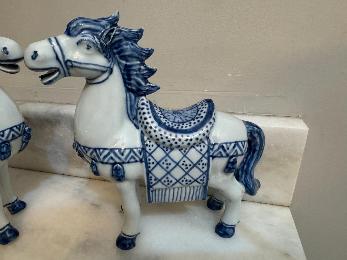 Asian Horses Blue White Set of Chinese Horses book ends figures