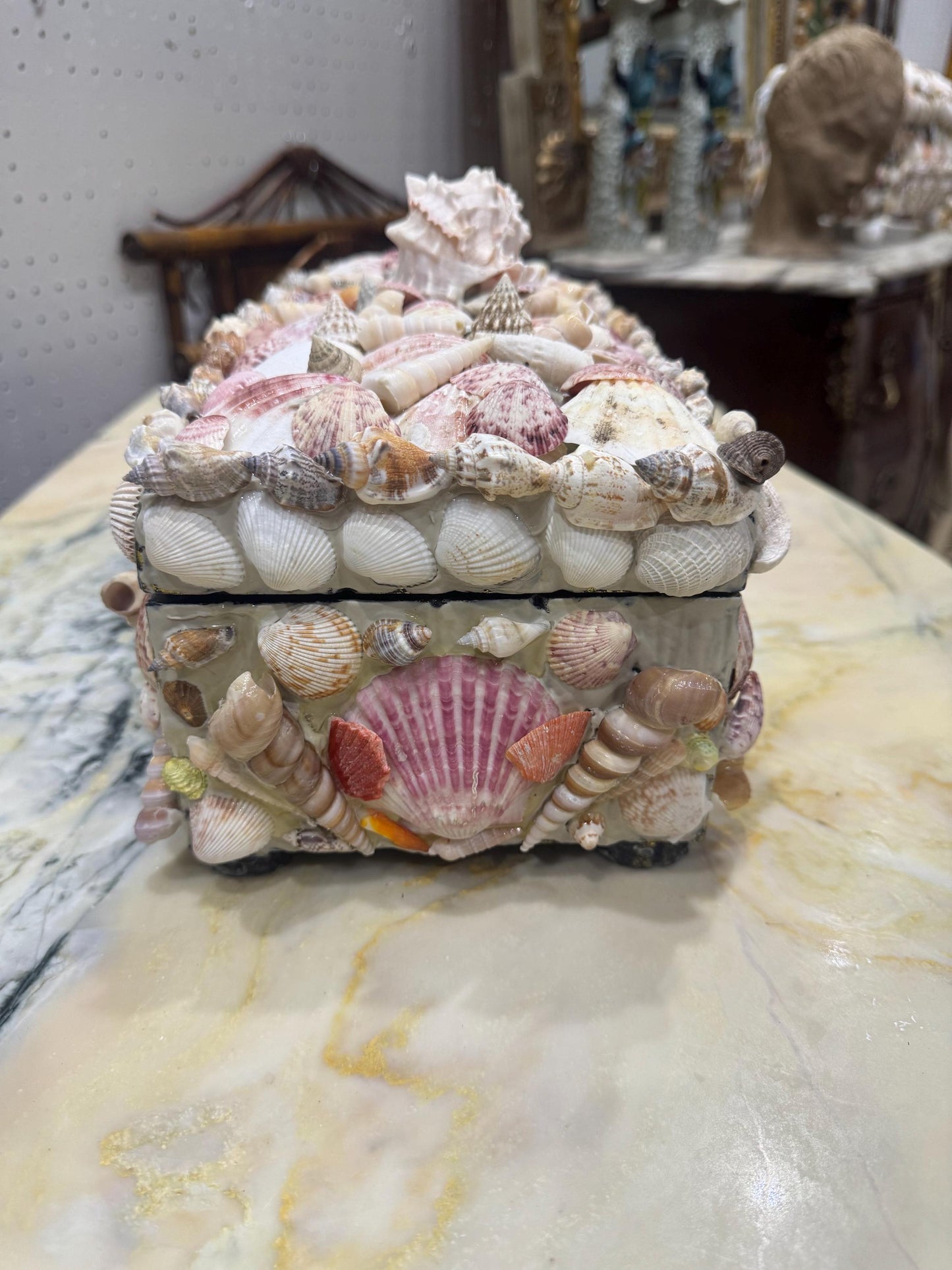 Shell Box Pinks and whites vintage with lid Coastal chic