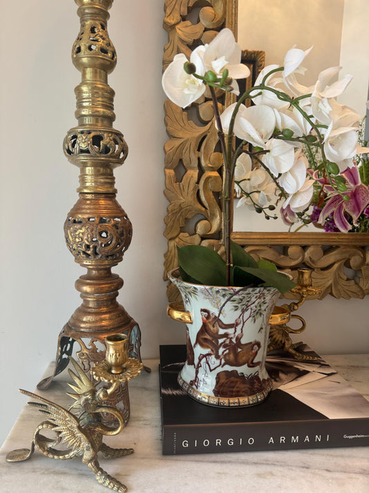 monkey around cache pot Bombay company monkey chinoserie planter pot