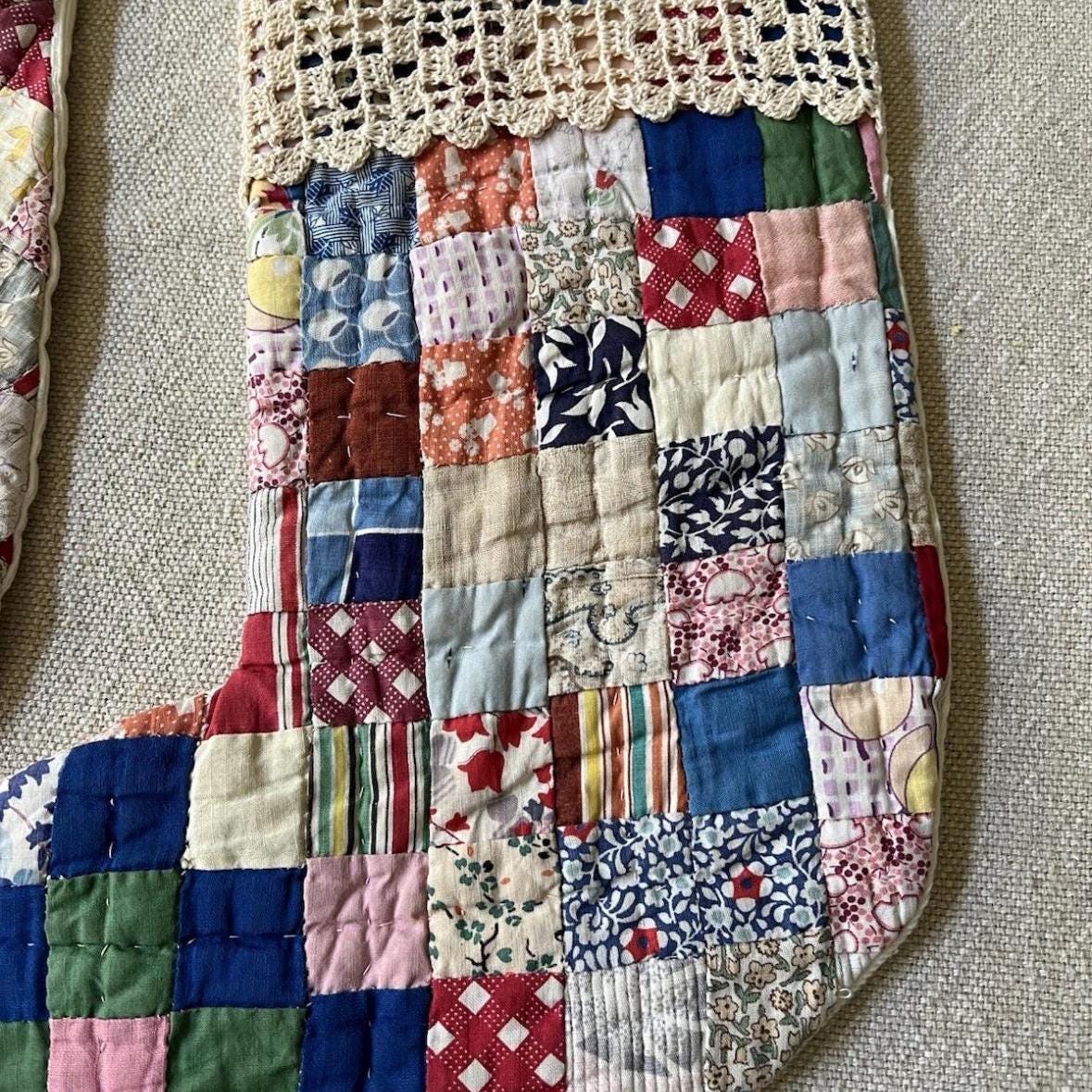Hand made stockings vintage quilt Christmas stockings set of 2 pristine condition