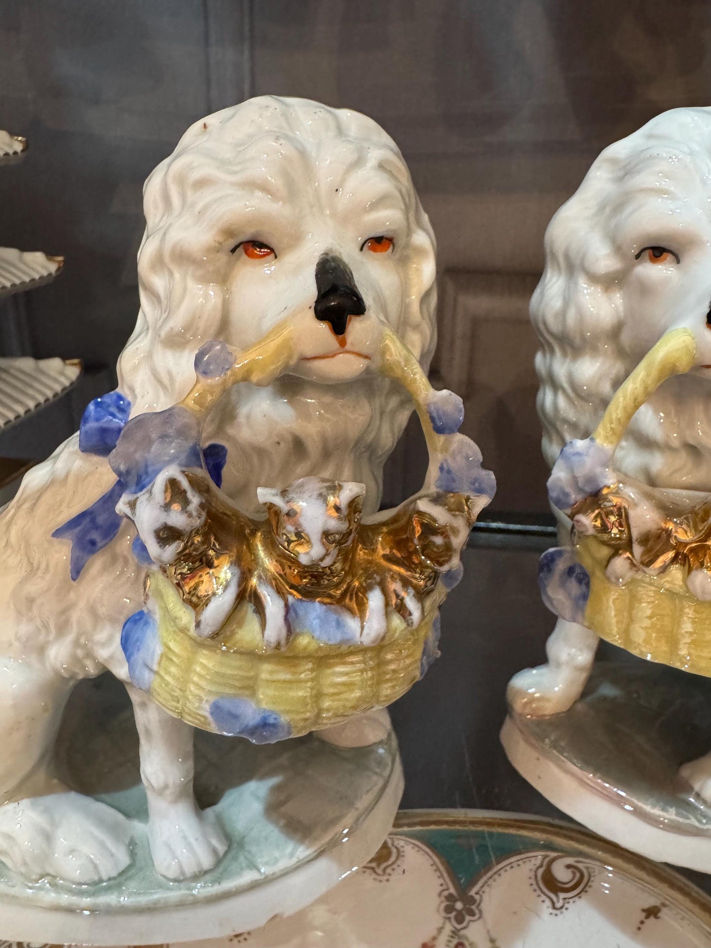 Dresden Staffordshire Poodles Pair with piggies Rare old German poodle figures Adorable Antique pair of dog figures