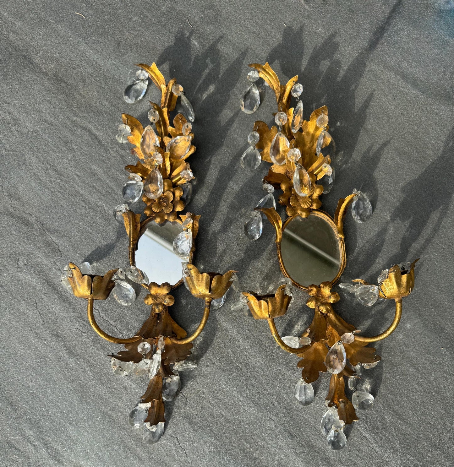 Gold Leaf Candle Sconces Crystal Italian antique set of 2 Gallery Wall Sconce