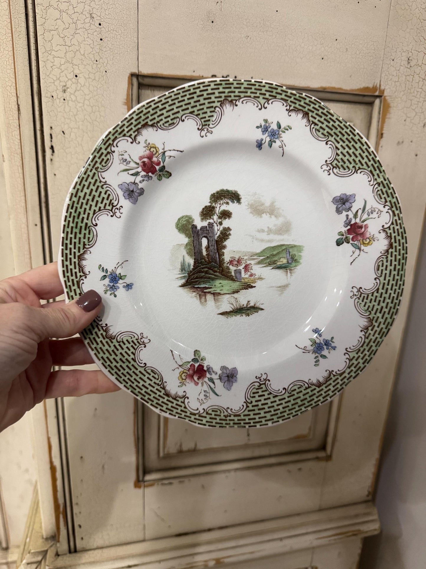 Copeland Spode Antique Plate c 1835 green lattice border Hand Painted Regency Landscape Antique Spode