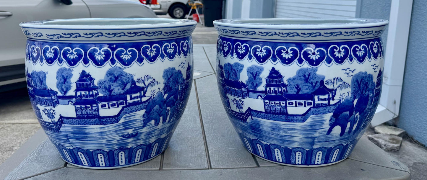 blue white pagoda planters Blue white fish bowl pot’s chinoiserie cache pot