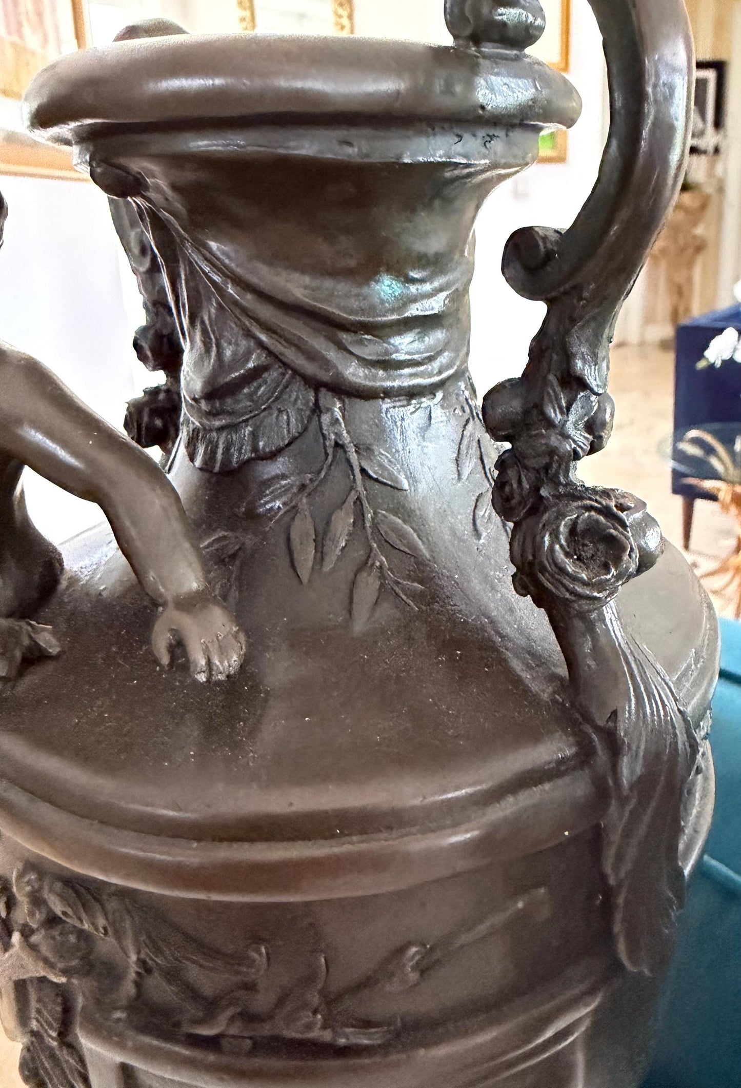 French Bronze urn Amphora Cherub vase Signed S Fontura Figural Bronze figure