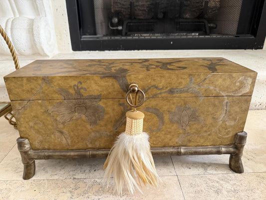 Vintage Chinoiserie Decorative Box on Stand | John Richard Style Faux Bamboo Base with Tassel | Hollywood Regency Storage Box | Palm Beach