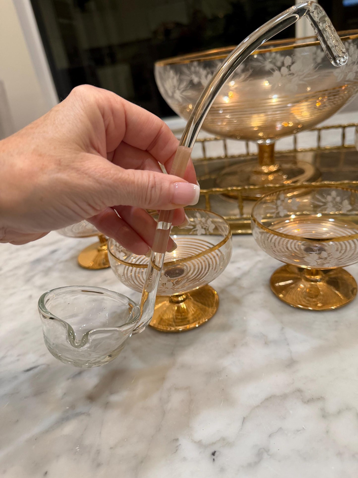 vintage glass gold edged punch bowl with ladle and 6 cups
