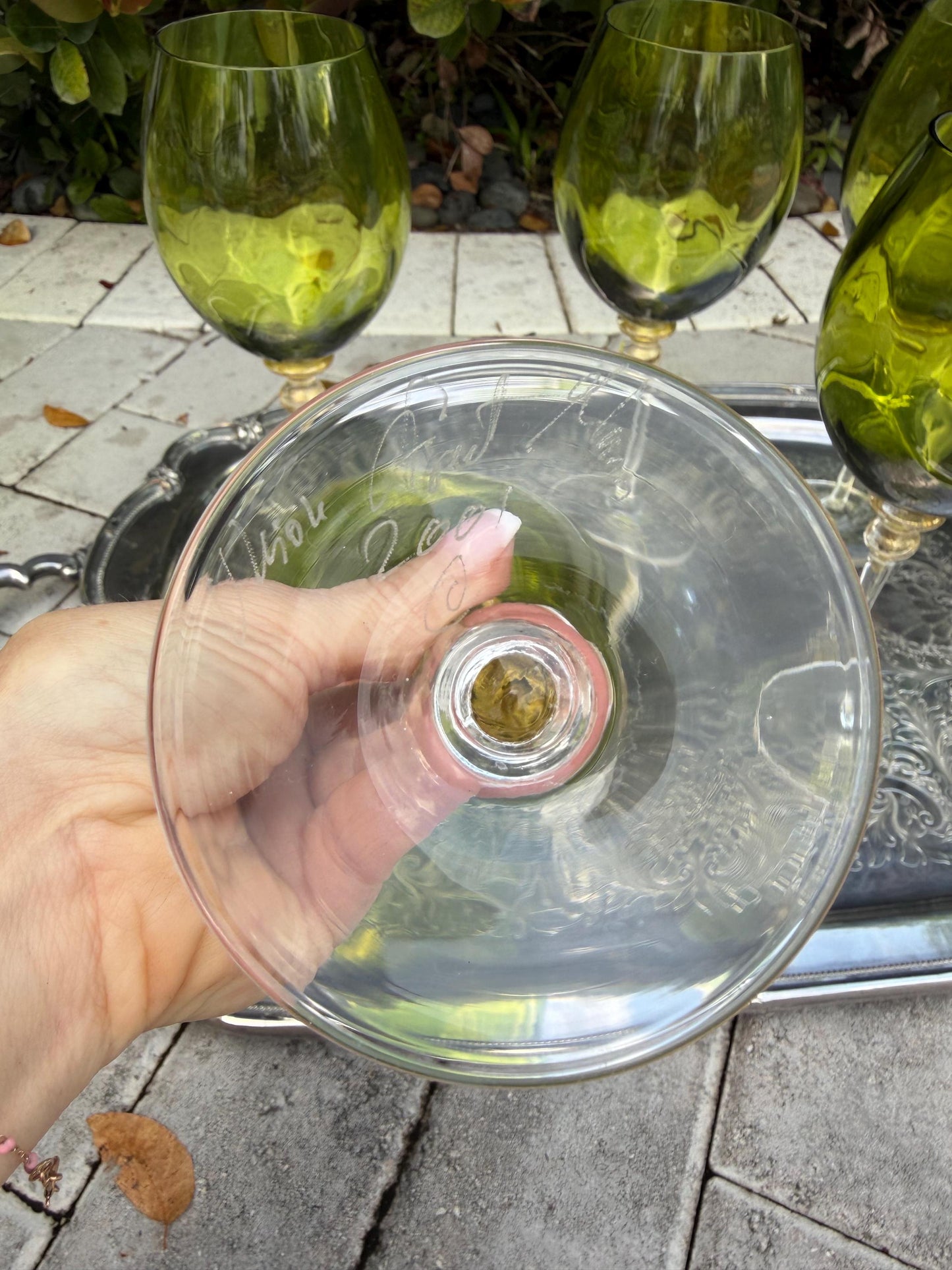 wine glasses hand blown green signed by artist with gold murano style set of 5 artist glasss vintage