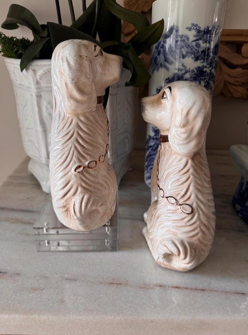 Staffordshire dogs pair Chinoserie Decorative dogs 8 inch tall staffy white gold hand painted Staffordshire dogs