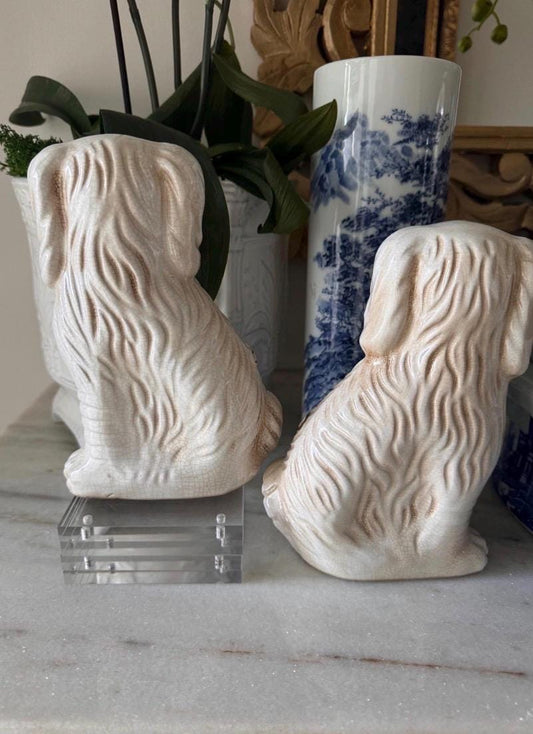 Staffordshire dogs pair Chinoserie Decorative dogs 8 inch tall staffy white gold hand painted Staffordshire dogs