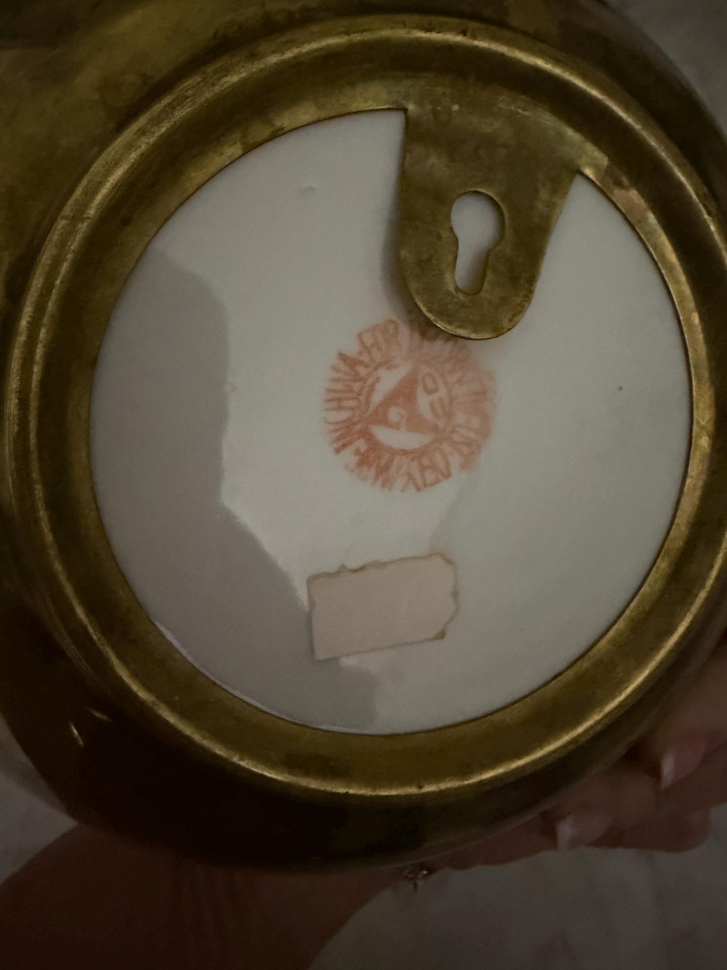 Vintage Chinese Porcelain Tobacco Leaf Bowl Wall Plaque Famille Rose Floral Chinoiserie Brass Mount