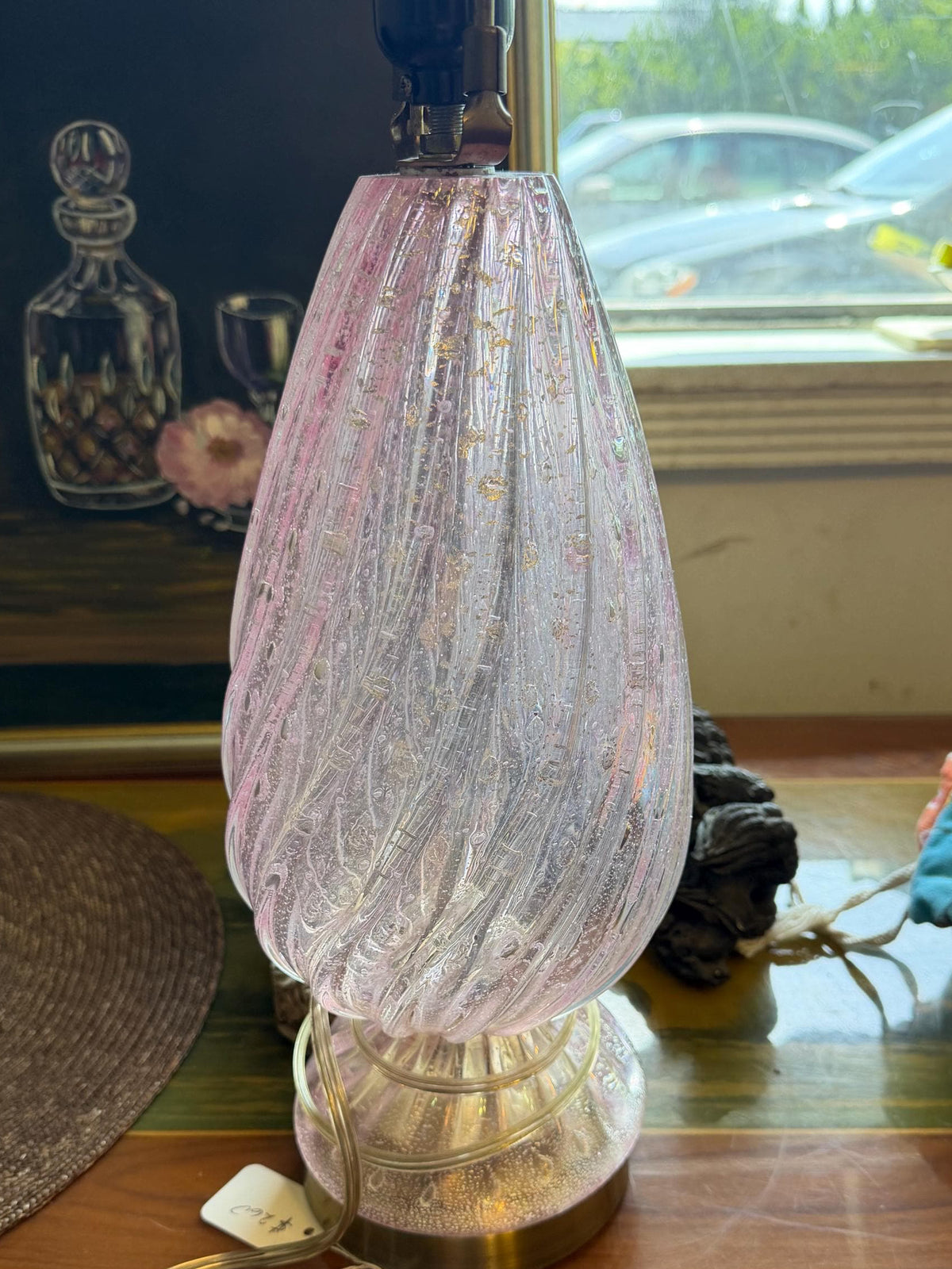 Vintage Pink Murano Glass Table Lamp, Gold Fleck Controlled Bubble Art Glass, Mid Century Italian Hollywood Regency Lighting