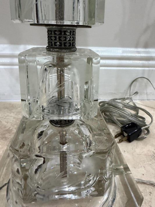 Pair of Vintage Stacked Glass Table Lamps, Etched Botanical Cube Columns, Clear Glass Lamps, Hollywood Regency Style Lighting