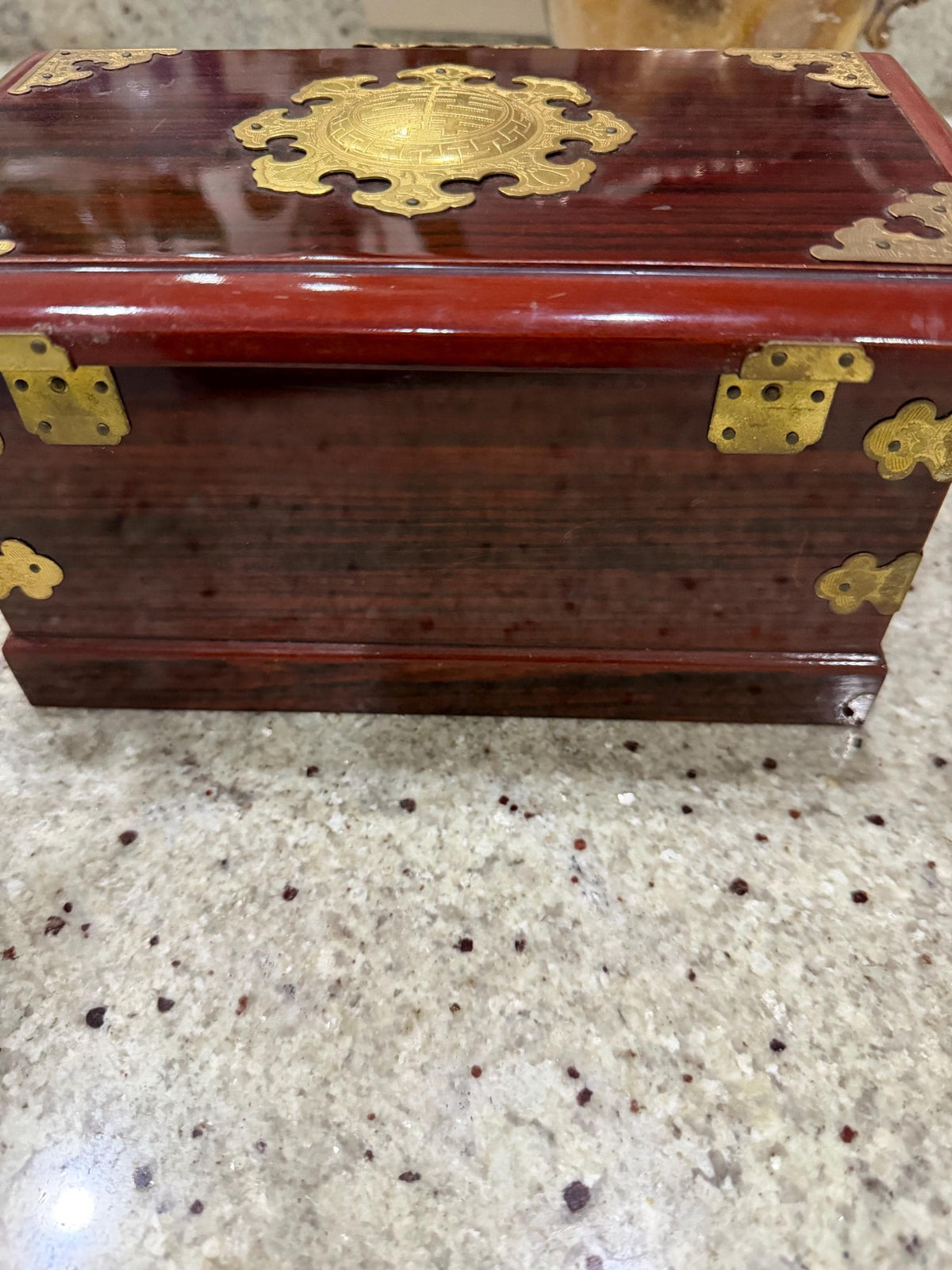 Chinoiserie Wood Jewelry Box with Ornate Gold Tone Hardware, Red Lined Interior, Decorative Keepsake Chest