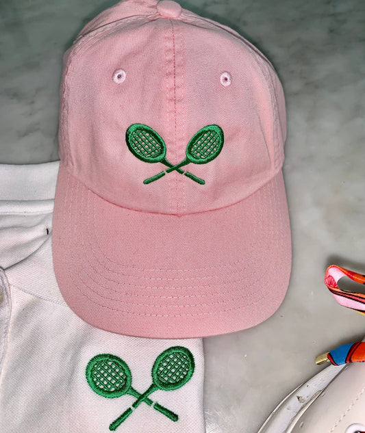 Tennis Hat, Embroidered Tennis Hat , Pink Tennis Court Hat , White Tennis Hat with green racquets